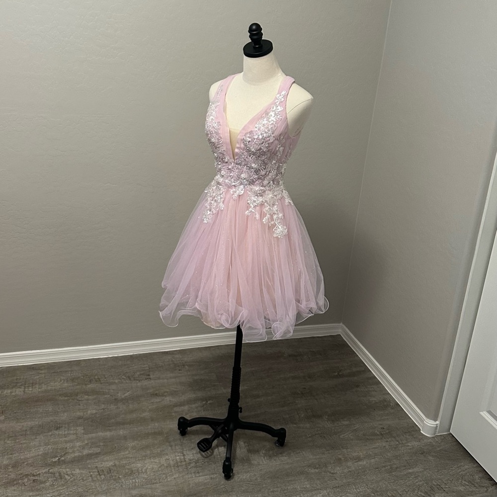 NEW JOVANI SZ 12 LIGHT PINK BEADED SHIMMER TULLE FIT FLARE FORMAL DRESS